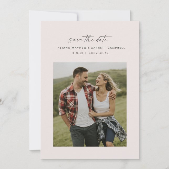 Minimal modern script blush pink photo save the date (Front)