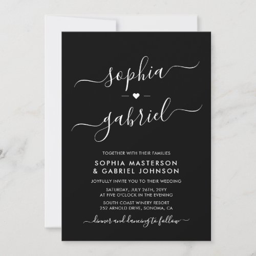 Minimal Modern Script Monogram Black Wedding Invitation