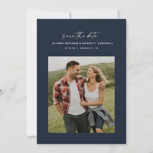 Minimal modern script navy blue photo save the date