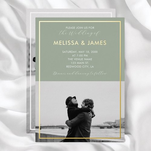 Minimal Modern Script Photo Sage Green Wedding Foil Invitation