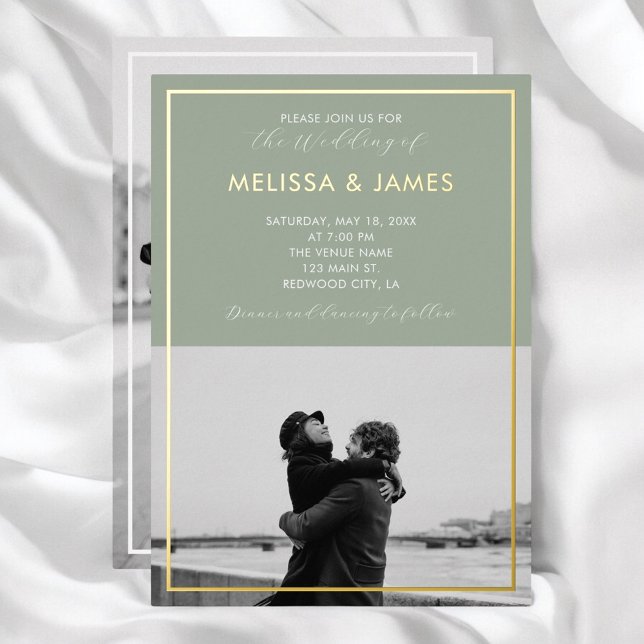 Minimal Modern Script Photo Sage Green Wedding Foil Invitation (Creator Uploaded)