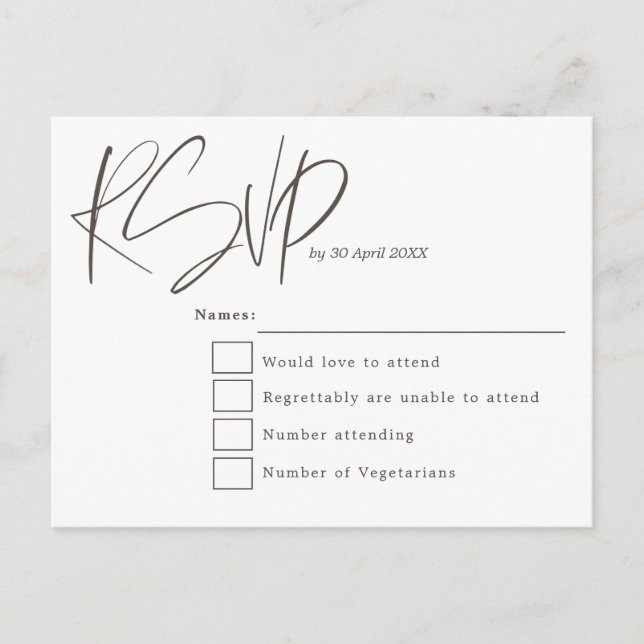 Minimal Modern Script typography Wedding RSVP Postcard (Front)