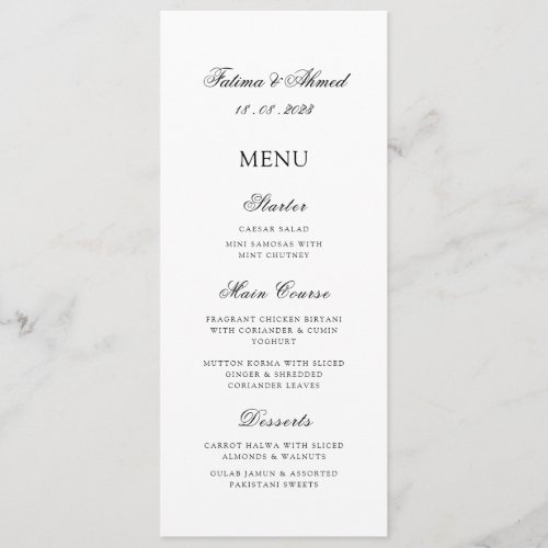 Minimal Modern Script White Muslim Wedding Table Menu