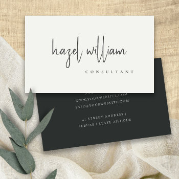 Minimal Modern Simple Black And White Script Business Card by YellowFebPaperie at Zazzle