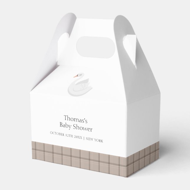 Minimal Modern Swan Plaid Gingham Boy Baby Shower  Favor Boxes (Front Side)