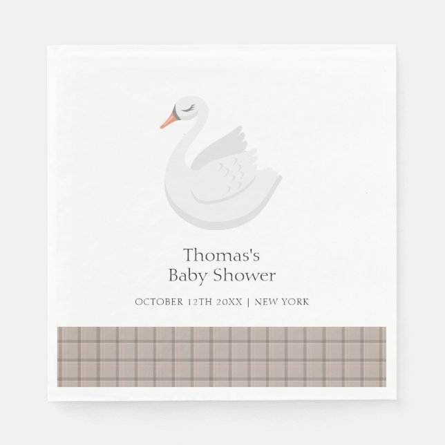 Minimal Modern Swan Plaid Gingham Boy Baby Shower  Napkins (Front)