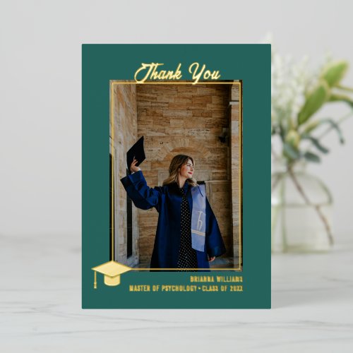 Minimal Modern Teal PhotoPop Graduation Thank You Foil Holiday Card