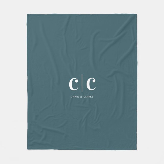 Minimal Modern Teal White Monogram Fleece Blanket (Front)
