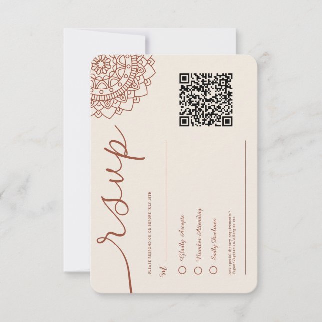 Minimal Modern Terracotta Boho Mandala QR Code RSVP Card (Front)