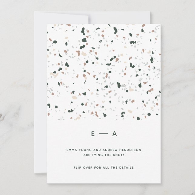 Minimal Modern Terrazzo Pattern Green Pink Wedding Invitation (Front)