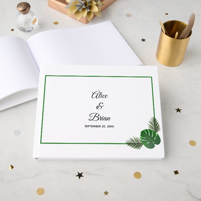 Minimal Modern Tropical Greenery Wedding Guest Book (Front Open)