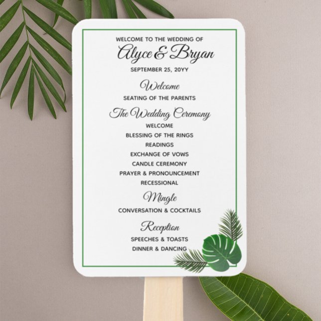 Minimal Modern Tropical Greenery Wedding Program Hand Fan (Creator Uploaded)