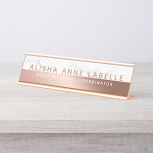 Minimal & Modern Two-Tone Rose Gold White Marble Desk Name Plate
