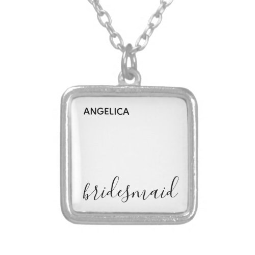Minimal Modern Typography Wedding Bridesmaid Gift Silver Plated Necklace