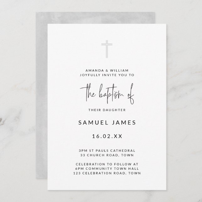 Minimal Modern Watercolor Handwritten Gray Baptism Invitation (Front/Back)
