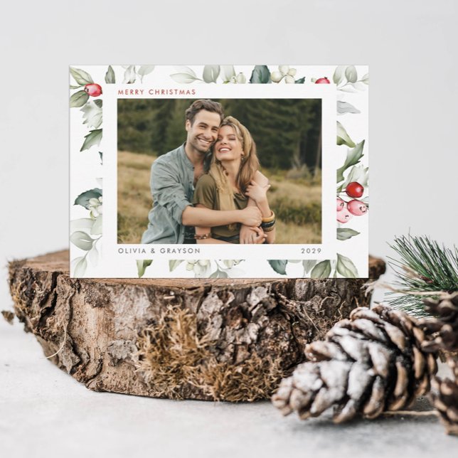 Minimal Modern Watercolor Holiday Holly Photo  Card (Creator Uploaded)