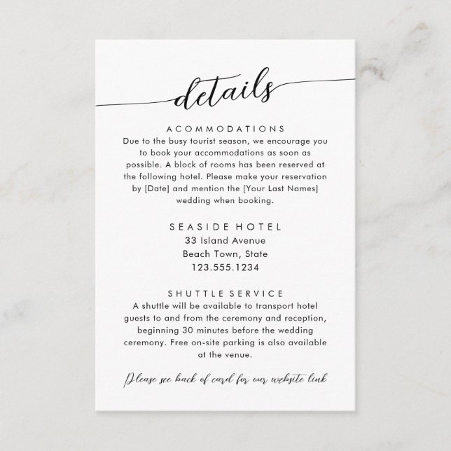 Minimal Modern Wedding Details Hotel Info Enclosure Card (Front)