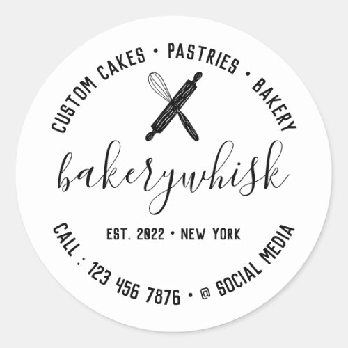 Minimal Modern White Elegant Bakery Chef Classic Round Sticker