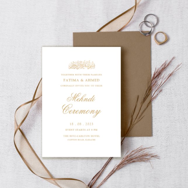 Minimal Modern White Gold Muslim Mehndi Ceremony Invitation (Creator Uploaded)