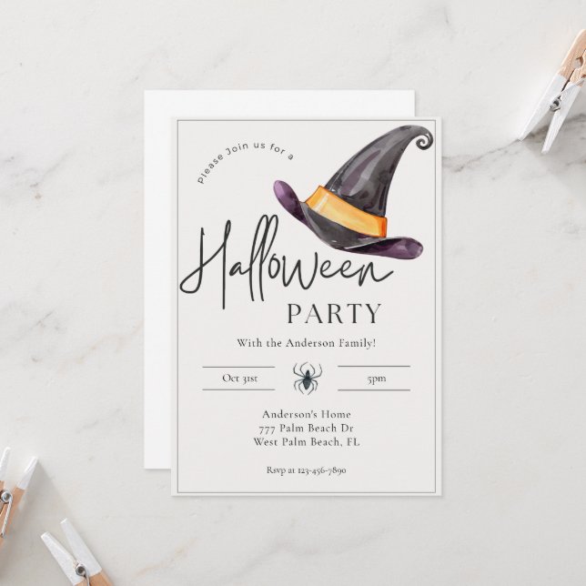 Minimal Modern Witch Hat Halloween Party  Invitation (Front/Back In Situ)