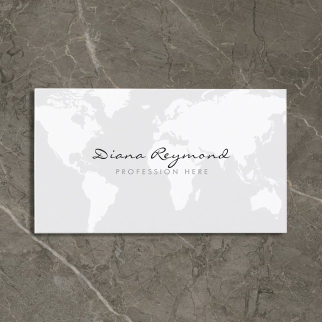 Minimal modern, world map on very pale gray business card (Creator Uploaded)