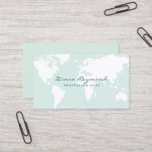 Minimal modern, world map on very pale teal blue business card