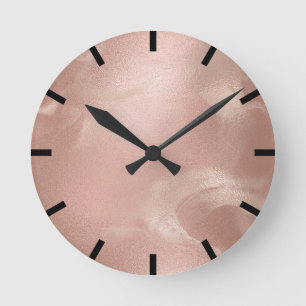 Minimal Molten Skinny Rose Gold Marble Black Urban Round Clock