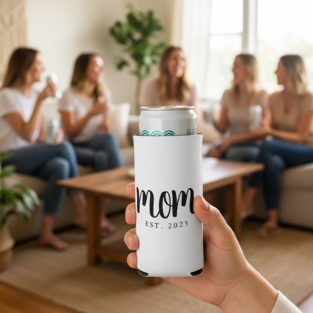 Minimal Mom Established Gift New Mom Seltzer Can Cooler (modern black and white seltzer can cooler for new mom with custom established date in trendy black )