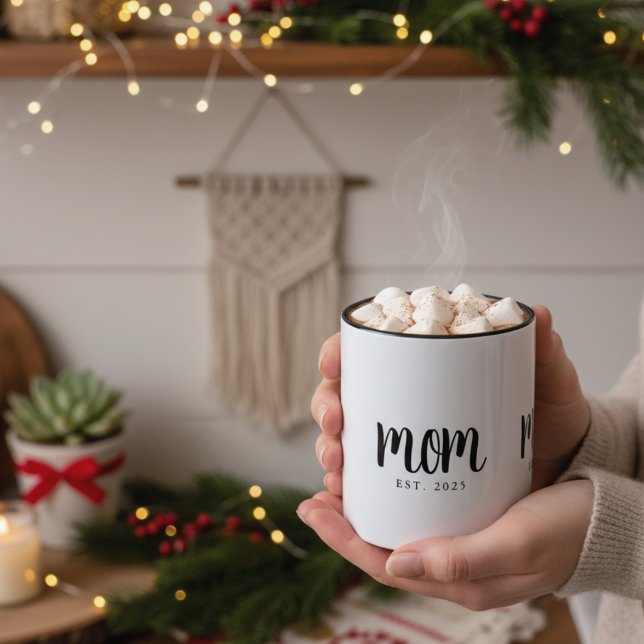 Minimal Mom Established Gift New Mom Two-Tone Coffee Mug (elegant minimalist mom established date coffee mug with hot cocoa in it for new mom christmas gifts)