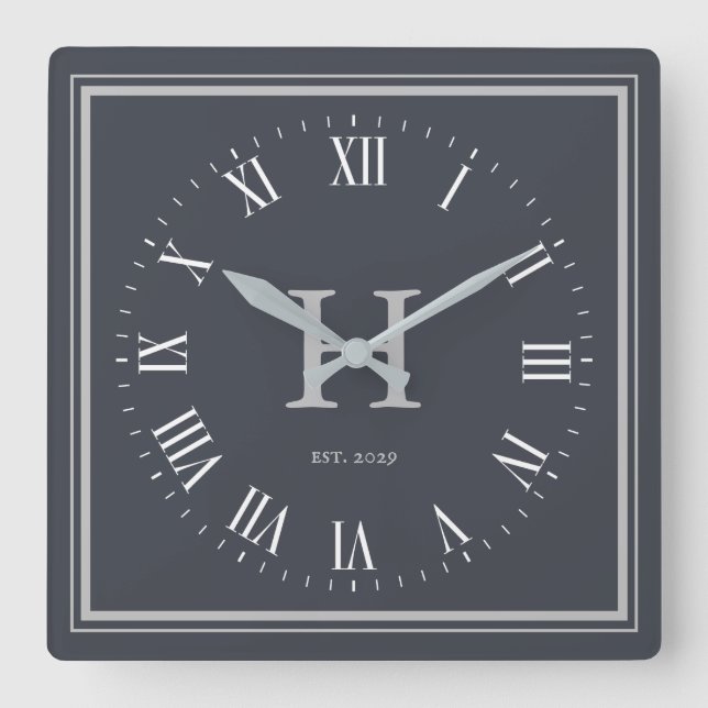 Minimal Monogram Anchor Grey | Silver Square Wall Clock (Front)