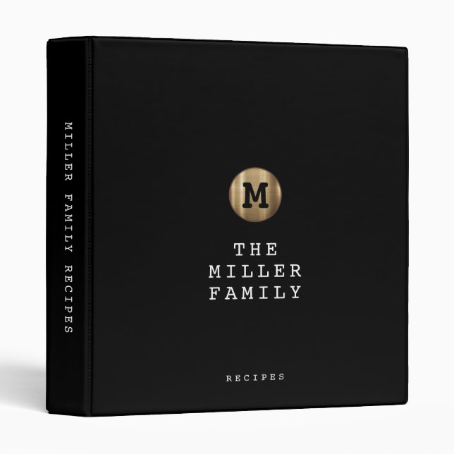 Minimal Monogram Black Gold Family Recipe 3 Ring B 3 Ring Binder (Front/Spine)