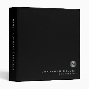 Minimal Monogram Black Silver Office School 3 Ring Binder