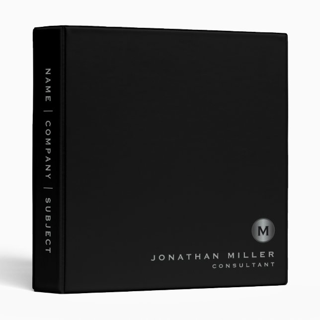 Minimal Monogram Black Silver Office School 3 Ring Binder (Front/Spine)