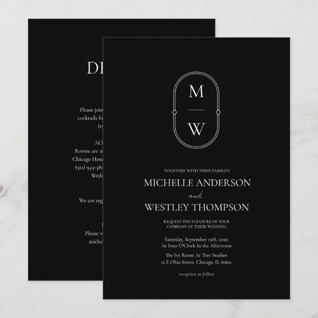 Minimal Monogram Black & White All in One Wedding Invitation (Front/Back)