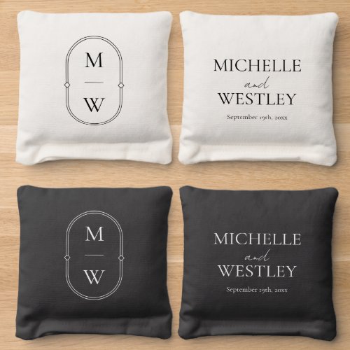 Minimal Monogram Black White Personalized Wedding Cornhole Bags