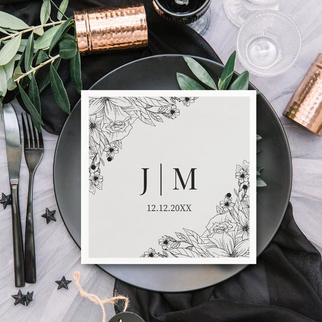 minimal monogram botanical black grey wedding napkins (Creator Uploaded)
