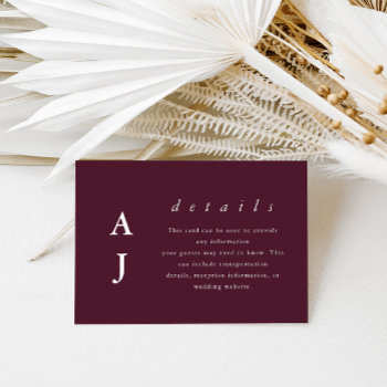 Minimal Monogram Burgundy Wedding Guest Detail Enclosure Card by Spindle_and_Rye at Zazzle