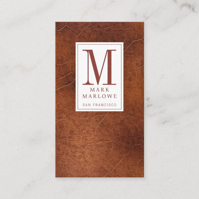 Minimal Monogram Chestnut Brown Leather Texture Business Card (Front)