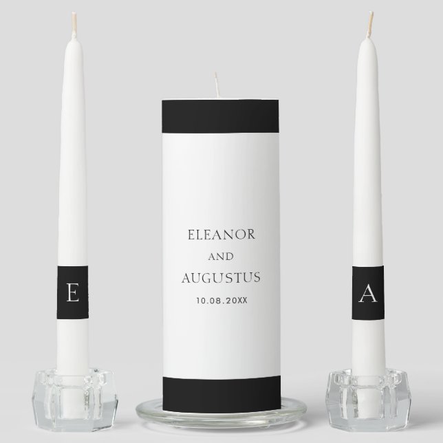 Minimal Monogram Classic Elegant Black Wedding Unity Candle Set (Front)