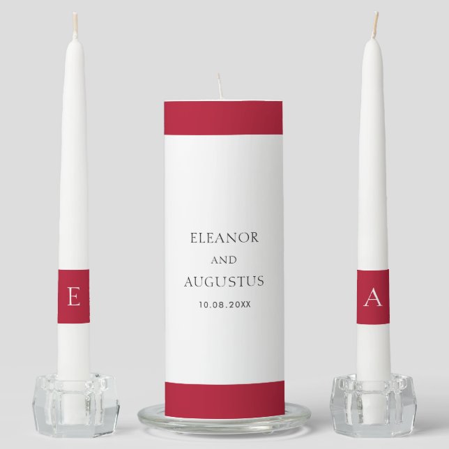 Minimal Monogram Classic Red Elegant Wedding Unity Candle Set (Front)