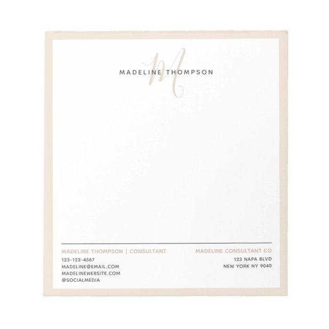 Minimal Monogram Creamy Sand Letterhead Business Notepad (Front)