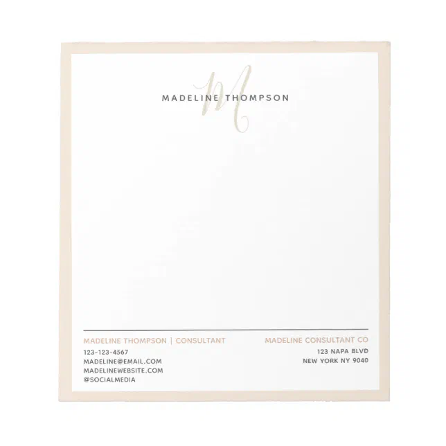 Notepad Sand Minimal Monogram Creamy Sand Letterhead Business Notepad | Zazzle