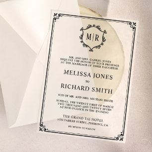 Minimal Monogram Crest Frame Black Wedding Vellum Invitations