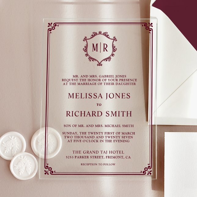 Minimal Monogram Crest Frame Burgundy Wedding Acrylic Invitations (Creator Uploaded)