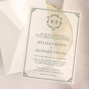Minimal Monogram Crest Frame Sage Green Wedding Vellum Invitations