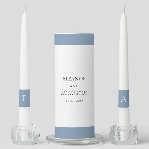 Minimal Monogram Elegant Dusty Blue Wedding Unity Candle Set