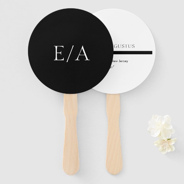 Minimal Monogram Elegant Modern Black Wedding Hand Fan (Front and Back)