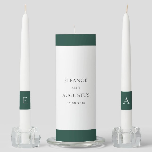 Minimal Monogram Emerald Green Elegant Wedding Unity Candle Set (Front)