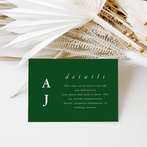 Minimal Monogram Emerald Green Wedding Detail Enclosure Card