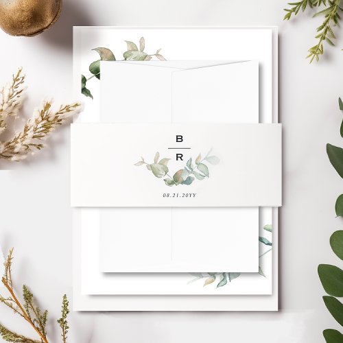 Minimal Monogram Eucalyptus Greenery Wedding  Invitation Belly Band